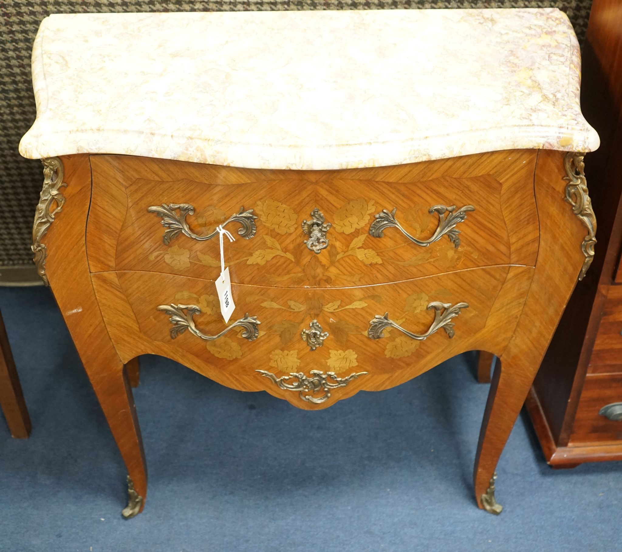 A Louis XVI design marquetry inlaid marble top serpentine petite commode, width 80cm, depth 42cm, height 78cm